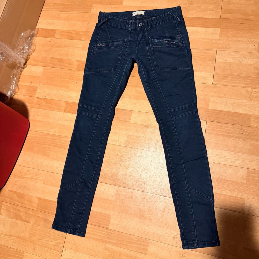 🎯Free People Vintage Y2K moto biker paneled zip ultra skinny rock jeans sz 29